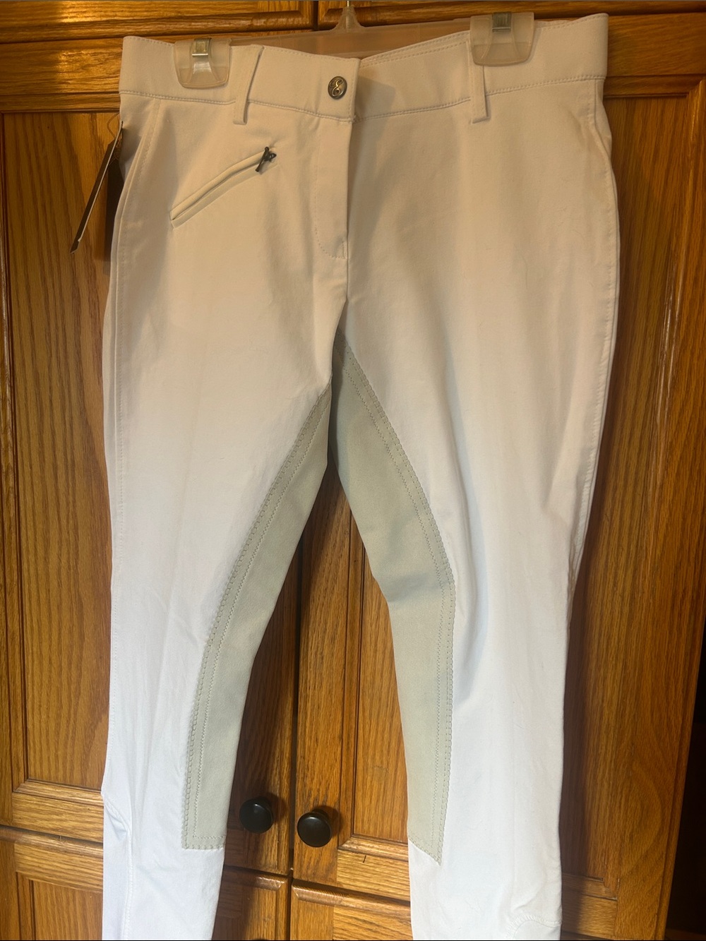 Ladies White Elation Riding Breeches with Tan Knee Patches